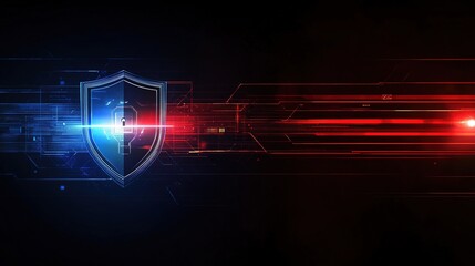 Shield with a lock icon at the center, surrounded by glowing blue and red digital lines, symbolizing cybersecurity, data protection, and technological defense
