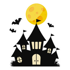 ハロウィン　月とコウモリとお城のイラスト
