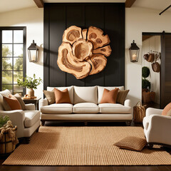 Farmhouse, country style home interior design of modern living room. Rustic style living area with beige sofa, black wall paneling, and organic wood artwork for a warm, natural ambiance