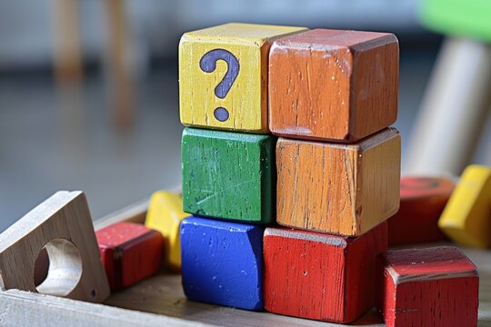 A stack of wooden blocks featuring a question mark on top - Powered by Adobe