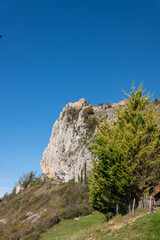 landscape with blue sky and clouds old fortress in the mountains, Roquefixade