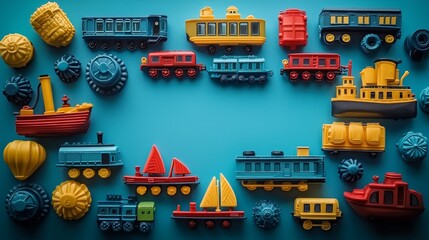 Colorful Plastic Toy Trains and Ships Displayed on Bright Blue Surface for Children’s Playtime and Learning Activities