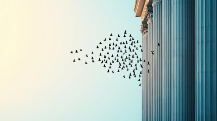 Conceptual art of financial freedom visualized as birds flying from a bank s rooftop