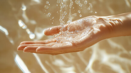Fototapeta premium Close-up of person's hand under gently running water outdoors
