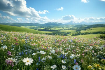 Obraz premium A vibrant meadow filled with colorful wildflowers against a mountainous backdrop.