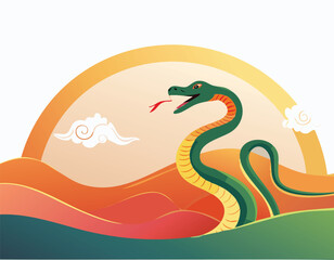 Chinese zodiac sign of the Snake. A bright green snake with a yellow belly is posed against a colorful landscape of mountains and clouds, with a golden sun setting in the background.