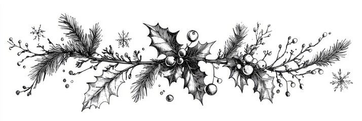 Christmas drawn holly line decor, pine branch, snowflake background. Hand drawn doodle sketch holly floral, christmas tree leaves, winter pine. Holiday ornament sketch doodle. Vector illustration