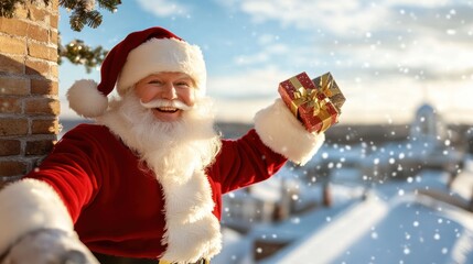 Obraz premium Santa holding a gift, snowy cityscape in the background
