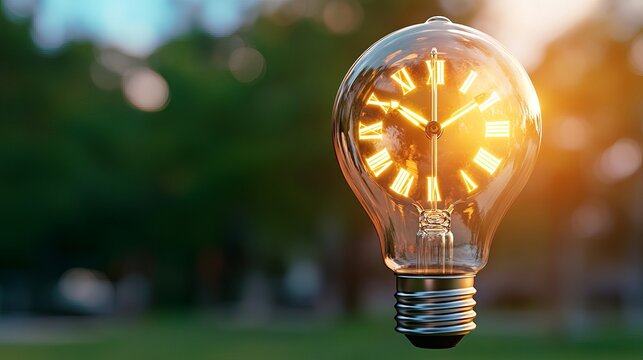 A glowing light bulb designed as a clock, showcasing Roman numerals and warm golden hues against a blurred natural backdrop.