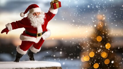 Santa Claus cheerfully holding Christmas gift in snow