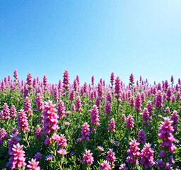 Fototapeta premium Overhead view of a field of pink heather flowers Calluna vulgaris in full bloom against a bright blue sky, calluna vulgaris, heather flowers