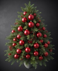 Overhead view of a Christmas tree with multiple branches having red ball ornaments, ornaments,