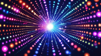 Fototapeta premium A pixel dot explosion, with dots radiating outward in bright neon colors against a dark background, creating a sense of movement