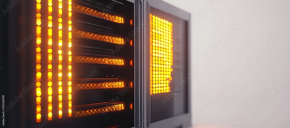Poster illuminated server racks with amber leds in a data center