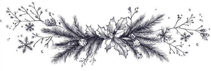 Christmas drawn holly line decor, pine branch, snowflake background. Hand drawn doodle sketch holly floral, christmas tree leaves, winter pine. Holiday ornament sketch doodle. Vector illustration
