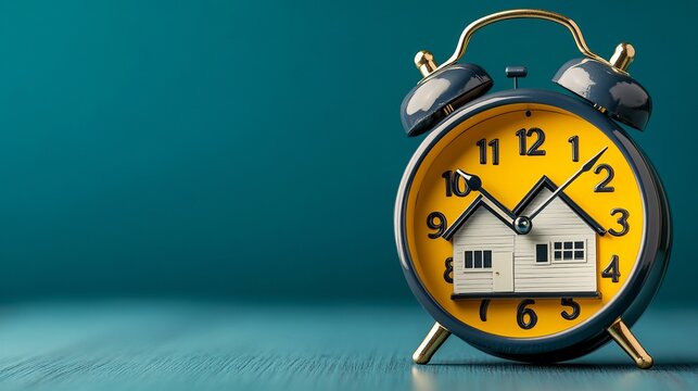 A whimsical blue alarm clock with a bright yellow face featuring a miniature house design, symbolizing time management in home ownership.