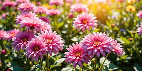 Obraz premium Pink chrysanthemum flowers in a sunny garden bed, garden highlights, botanical details, sun-kissed blooms