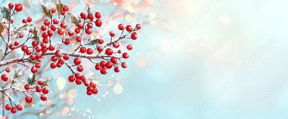 Poster red festive ornaments suspended from pine branches dusted with frost, with a subtle bokeh effect beh