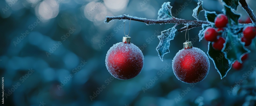 Poster the soft bokeh effect from warm background lights enhances a red ornament hanging from a frosted pin