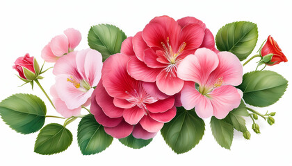 Fototapeta premium Luxury watercolor geranium, roses blooms with detailed green leaves