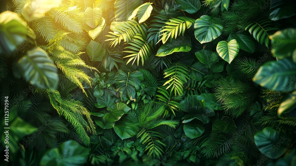 Poster Lush Greenery with Various Ferns and Leaves Creating a Vibrant Natural Background in Soft Sunlight