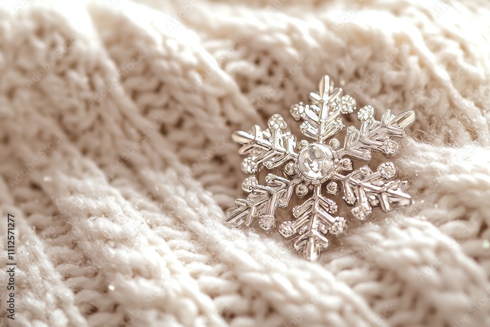 Poster in the scene, a crystallized white snowflake rests on a knitted background with defocused elements, 