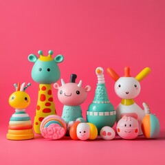 Fototapeta premium Colorful, playful toys for children arranged on a vibrant pink background, perfect for promoting fun and creativity.