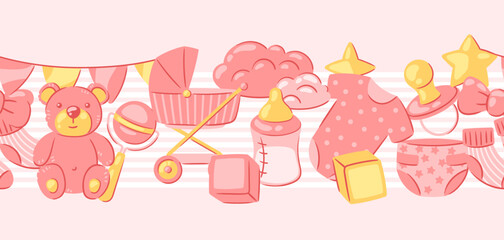 Baby shower pattern. New born baby girl Happy Birthday