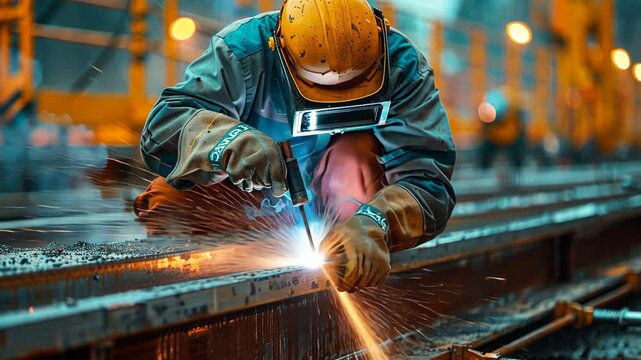 A factory worker wearing protective gear welding metal with sparks flying in an industrial setting.