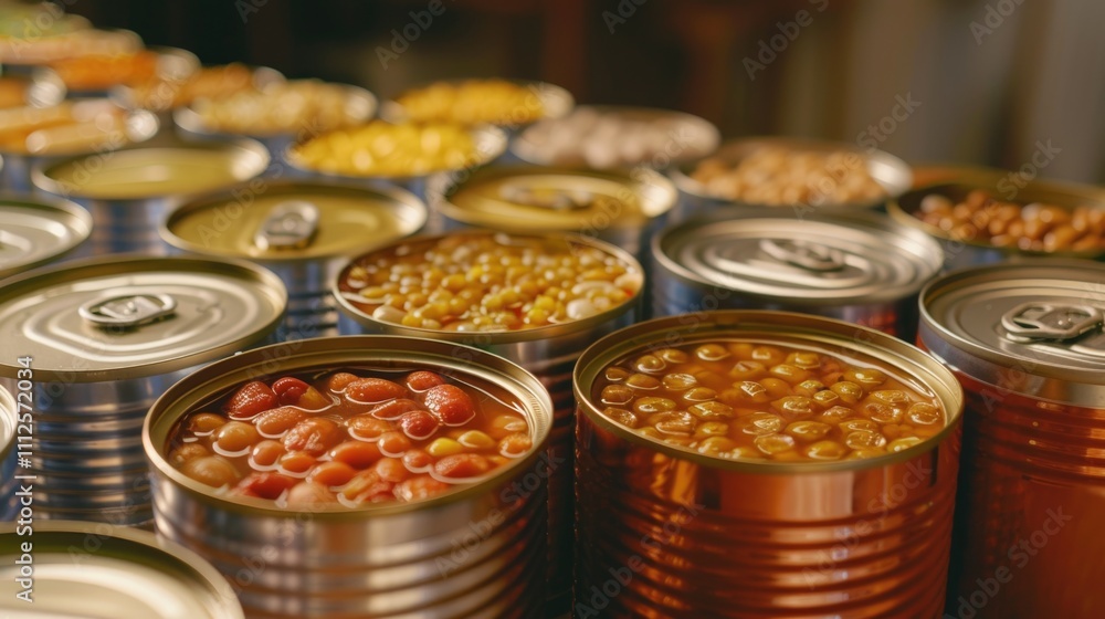 Poster a table filled with various tinned goods for storage or display