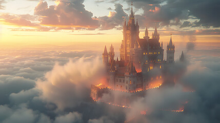 Enchanted Castle Floating Among Ethereal Clouds at Sunset, Capturing a Magical Atmosphere with Glowing Lights and Dreamlike Scenery in a Fantasy Landscape