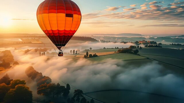 A bright red hot air balloon floating above a fog-covered rural valley during sunrise, with trees and fields below.