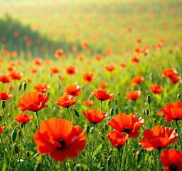 Obraz premium Red poppies add a pop of color to a sea of green, meadow scene, natural light