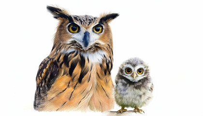 Naklejka premium mother and baby animal Owl and Owlet on a white background, watercolor