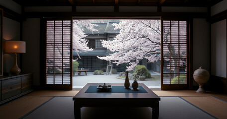 japanese washitsu with beautiful view of japanese garden in spring and cherry blossoms, ryokan, good for accomendation and hotel promotion