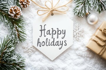 winter-themed image features a simple yet elegant arrangement of holiday items, including a wrapped present and pine cones, complemented by a hand-lettered "Happy holidays" greeting