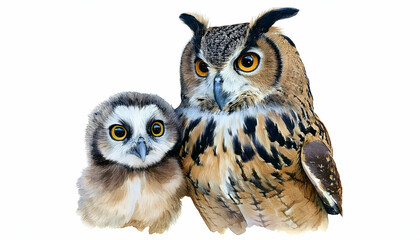 Fototapeta premium mother and baby animal Owl and Owlet on a white background, watercolor
