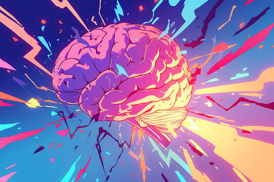 A vibrant illustration of a brain exploding with energy and colors, symbolizing creativity and thought.