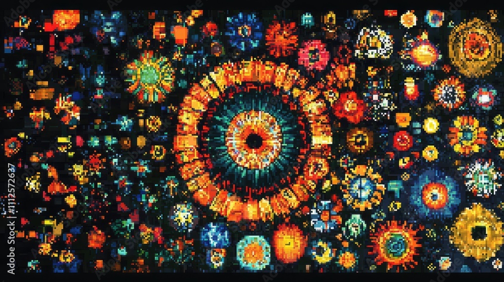 Poster a pixel mandala featuring concentric circles filled with various pixelated shapes and bright primary