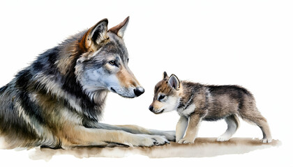 Obraz premium mother and baby animal Wolf and Pup on a white background, watercolor illustration