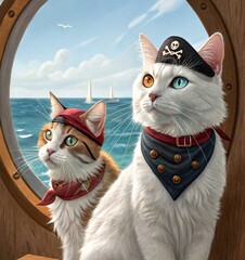 cats dressed as pirates, peering through a ship's porthole. In the background, luxurious yachts sail across the sparkling blue ocean