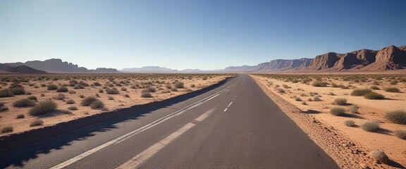 Road under clear blue sky stretching across a desert, vast spaces, vast desert