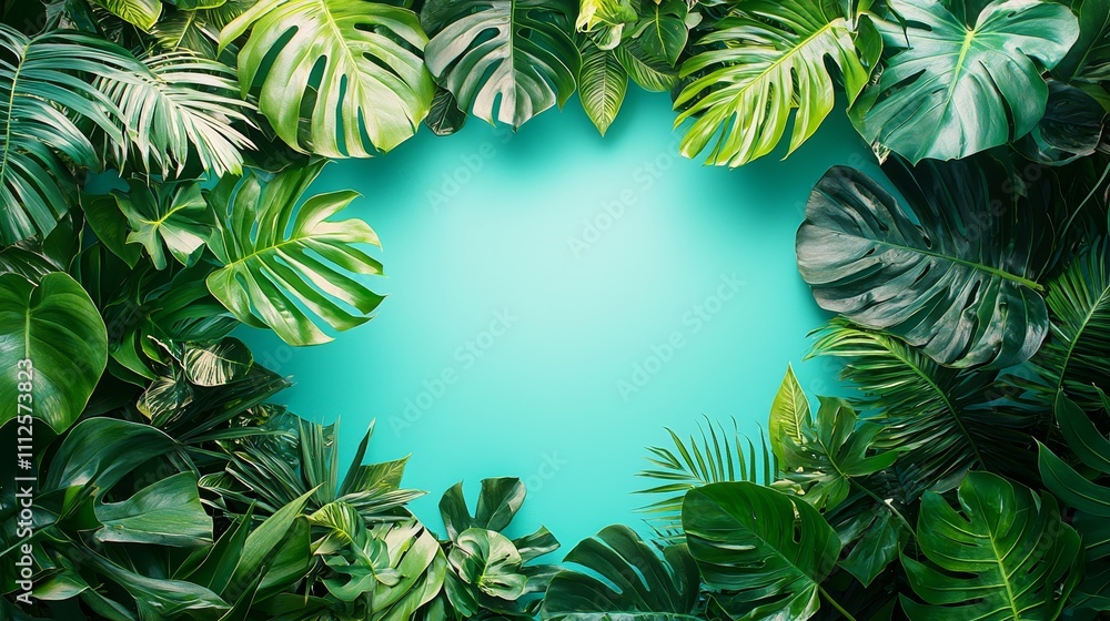 Poster lush tropical greenery with vibrant teal background creating a natural frame for text or design elem