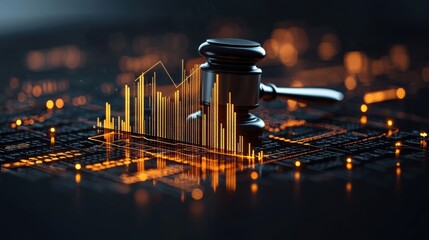 Financial law trends analyzing stock market with a glowing gavel