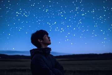 A person admiring the stars and constellations in the evening sky, great for use as an illustration or design element