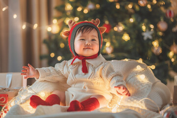 Happy little baby asian girl wearing Christmas costume sitting in front of a Christmas tree with gifts and lights, First Christmas, Christmas and New Year concept