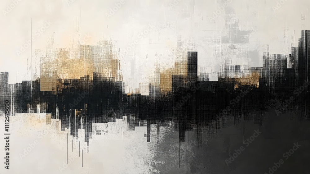 Poster a pixelated abstract artwork with hand-drawn edges, blending sharp and soft lines in shades of black