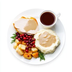 Delicious plate of turkey with gravy, mashed potato, cranberry, and roasted potatoes, paired with a warm cup of coffee.