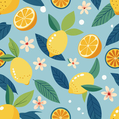 Bright tropical summer pattern featuring lemons and blossoms on a blue background