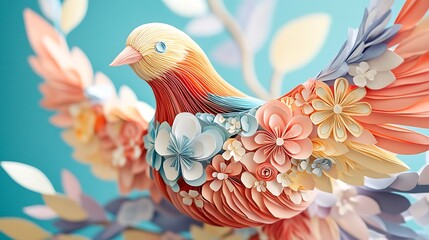 Close-up of a peace dove crafted from paper, with floral and harmony symbols, crisp and sharp with bright colors and stunning details
